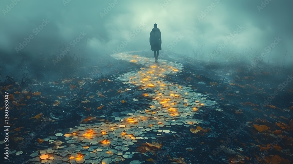 Poster a person walks a path made of coins into a foggy uncertain horizon long title a solitary figure trav