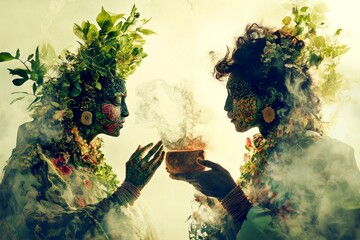 Distorted consciousness. Metaphorical ayahuasca ceremonies emotions of a mental illusion. Visual hallucination. Hallucination - due to ayahuasca ceremonies: abstract image of individual statu.