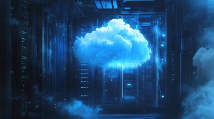 A modern server room filled with racks of networking equipment illuminated by blue LED lights