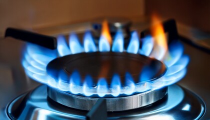 burning gas stove with blue flames in the kitchen close up