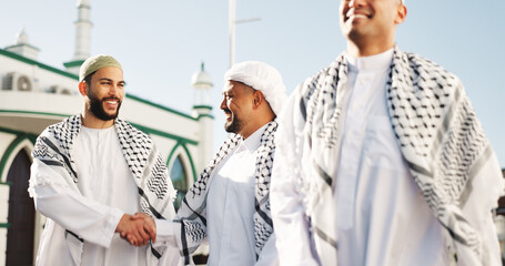 Islamic, men and handshake with smile, outdoor and mosque for belief in Allah, religion and...