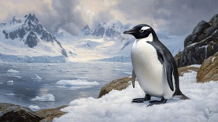 Fototapeta premium Antarctic Chinstrap Penguin, Snowy Coastline, Mountains, Icebergs, Wildlife Conservation
