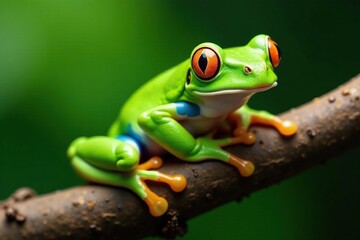 Green tree frog perched on white, vibrant skin, isolated, white background