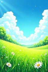 Obraz premium Vibrant watercolor frame with lush grass field under blue sky, watercolor, sky, frame