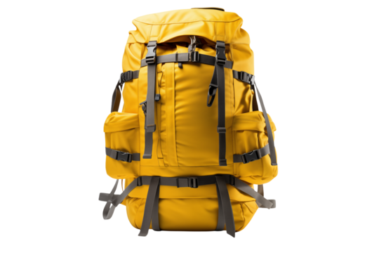 Yellow backpack isolated on transparent background, ready for adventure