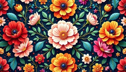 Intricate floral textile design, repeating motif , retro, ornate