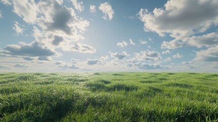Beautiful green grass meadow with a blue sky and clouds. Wide field landscape background