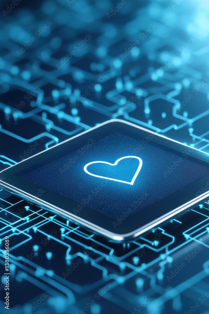 Poster a computer chip with a heart on it. the heart is lit up and surrounded by blue lines
