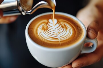 Barista making latte art in a coffee cup