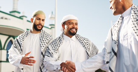 Muslim, men and handshake with smile, outdoor and mosque for belief in Allah, Islamic religion and...
