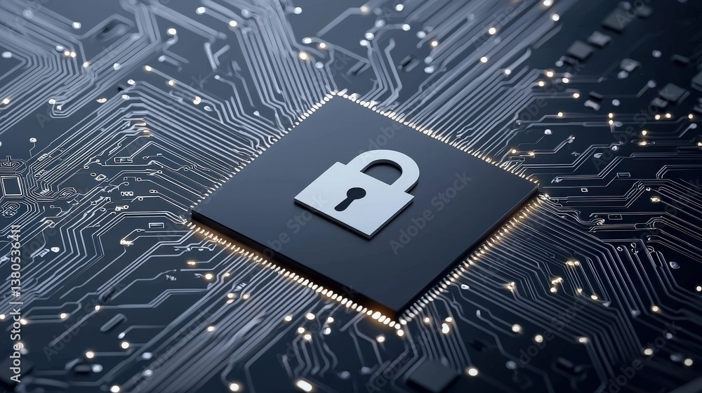 Poster a computer chip with a lock on it. the lock is a symbol of security and protection