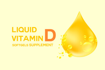 Vitamin D glowing 3D oil drop element or bubble, light yellow gradient background. Fluid gold flowing bubbles, health nutrition supplement product banner, presentation, infographic design