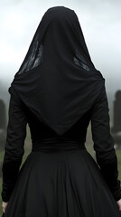 A Victorian widow in mourning, dressed in black, walking through a quiet graveyard with a veil covering her face.

