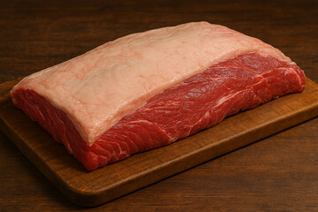 A whole beef brisket laid out before cooking, the white fat cap contrasting against the deep red meat.