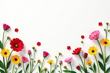 Scattered wildflowers, minimalist style, white backdrop, delicate, simple, floral