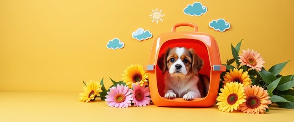 Fototapeta premium Dog relaxing in a pet carrier surrounded by flowers on a sunny day 
