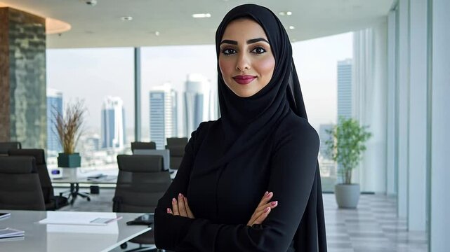 Confident arab businesswoman in hijab standing in modern office with cityscape