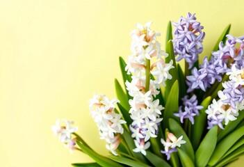 Fototapeta premium White hyacinth blooms aerial view against a clean, bright spring background, texture, celebration