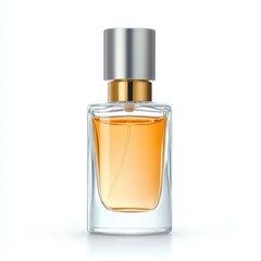 Naklejka premium A stylish glass bottle holds a deep amber liquid, showcasing a sleek design with a silver lid. Soft lighting enhances the allure of the fragrance, inviting curiosity and elegance