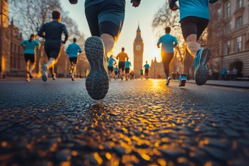 Marathon runners running on street with big ben in background at sunset © Gatherina