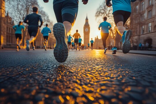Marathon runners running on street with big ben in background at sunset