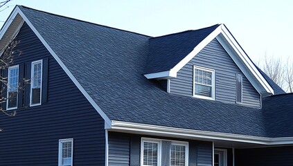 Dark blue house with a newly installed asphalt shingle roof. The dark siding and roof provide a sleek, modern look.