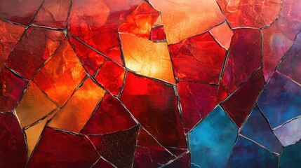 A fractured glass-like surface illuminated by fiery reds and cool blues, exuding a balance of warmth and mystery.