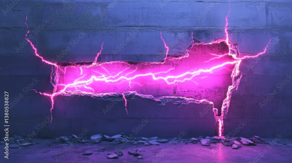 Poster a fractured wall pulsates with luminous neon veins, blending light and shadow to form an electrifyin