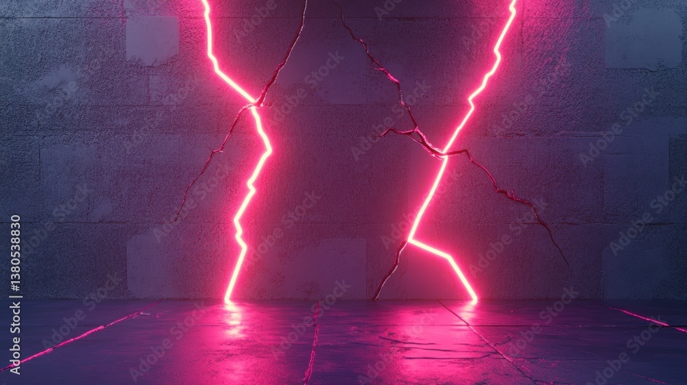 Poster a fractured wall pulsates with luminous neon veins, blending light and shadow to form an electrifyin
