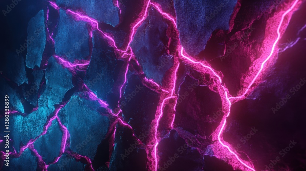 Poster a fractured wall pulsates with luminous neon veins, blending light and shadow to form an electrifyin