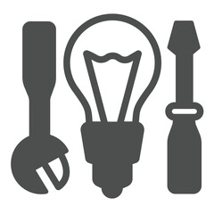 Wrench with screwdriver and lightbulb solid icon, electrician service concept. Vector graphics. Electrical repair sign on white background, glyph style icon for mobile or web design.