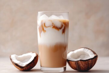 Iced coffee showcases creamy layers topped with frothy milk, gar