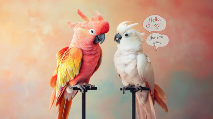 Two vibrantly colored cockatoos perch on a T-stand, with intricate feathers and a gentle breeze. Speech bubbles say "Hello" and "How are you," against a soft pastel background.