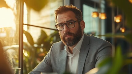 A business meeting scene with a bearded man wearing glasses and a gray suit sitting at a wooden table.
