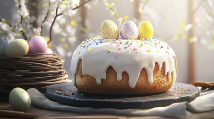 Festive Easter Cake with Pastel Eggs and Sprinkles for Spring Holiday