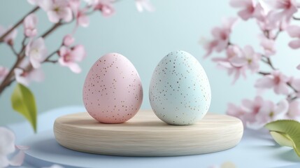 Pastel Speckled Easter Eggs on Wood Platform with Cherry Blossoms Spring Scene