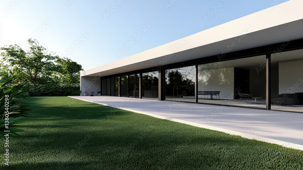 Poster sleek modern architecture features large glass windows that open to a lush green garden. the structu