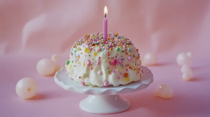 Small frosted cake with colorful sprinkles, burning candle, and sugar candies on pink studio backdrop