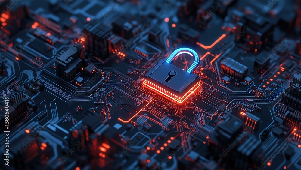 Aufkleber cybersecurity: digital lock secures data on circuit board, protecting information now