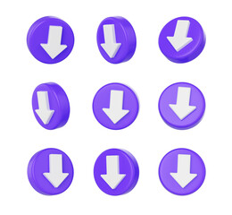 3D White downward arrows on Purple icon, symbolizing download or downward direction, 3d illustration
