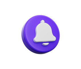 3D Purple and White bell button icon for notifications and updates. 3d illustration