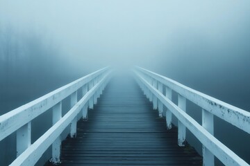 Fototapeta premium Wooden pier disappearing into the fog on a mysterious lake