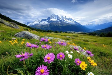 Fototapeta premium Blooming wildflowers in swiss alps create stunning landscape with snow capped mountains