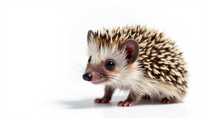 Small hedgehog on pure white background, tiny spines visible , quill, wildlife