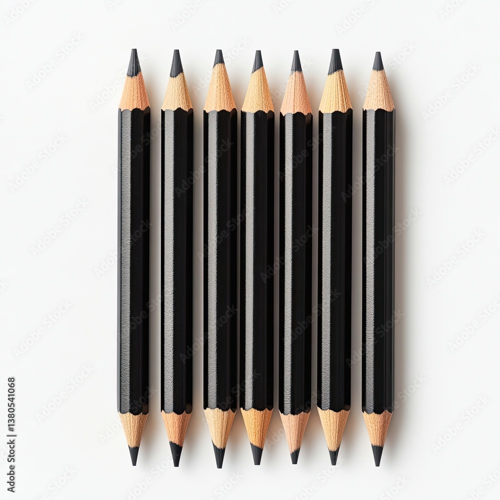 Poster artistic display of black pencils in a neat row minimalist studio environment close-up perspective