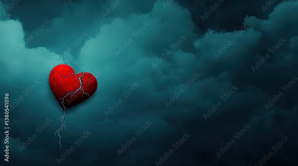Poster a heart with a broken wing is floating in the sky. the sky is dark and cloudy