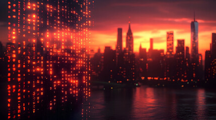 Futuristic skyscraper sunset cityscape