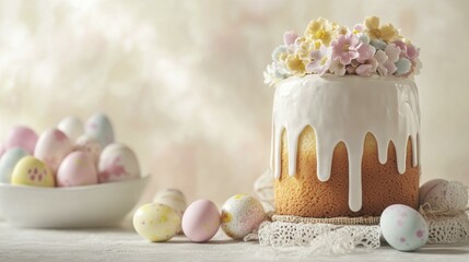 Festive Easter Cake Topped with Flowers and Decorated Eggs on Table