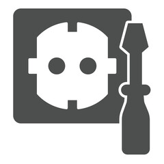 Screwdriver with socket solid icon, electrician service concept. Vector graphics. Socket for electrical plug, repair sign on white background, glyph style icon for mobile or web design.