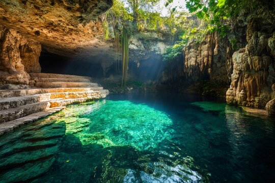 Sunbeams illuminating cenote ik kil, a deep natural pit in yucatan, mexico